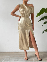 Honey Slit One Shoulder Short Sleeve Midi Dress Gold OutfitFlow